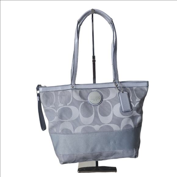 Coach Handbags - Coach Gray Signature Canvas Patent Leather Zip Tote Bag L1161-F17433